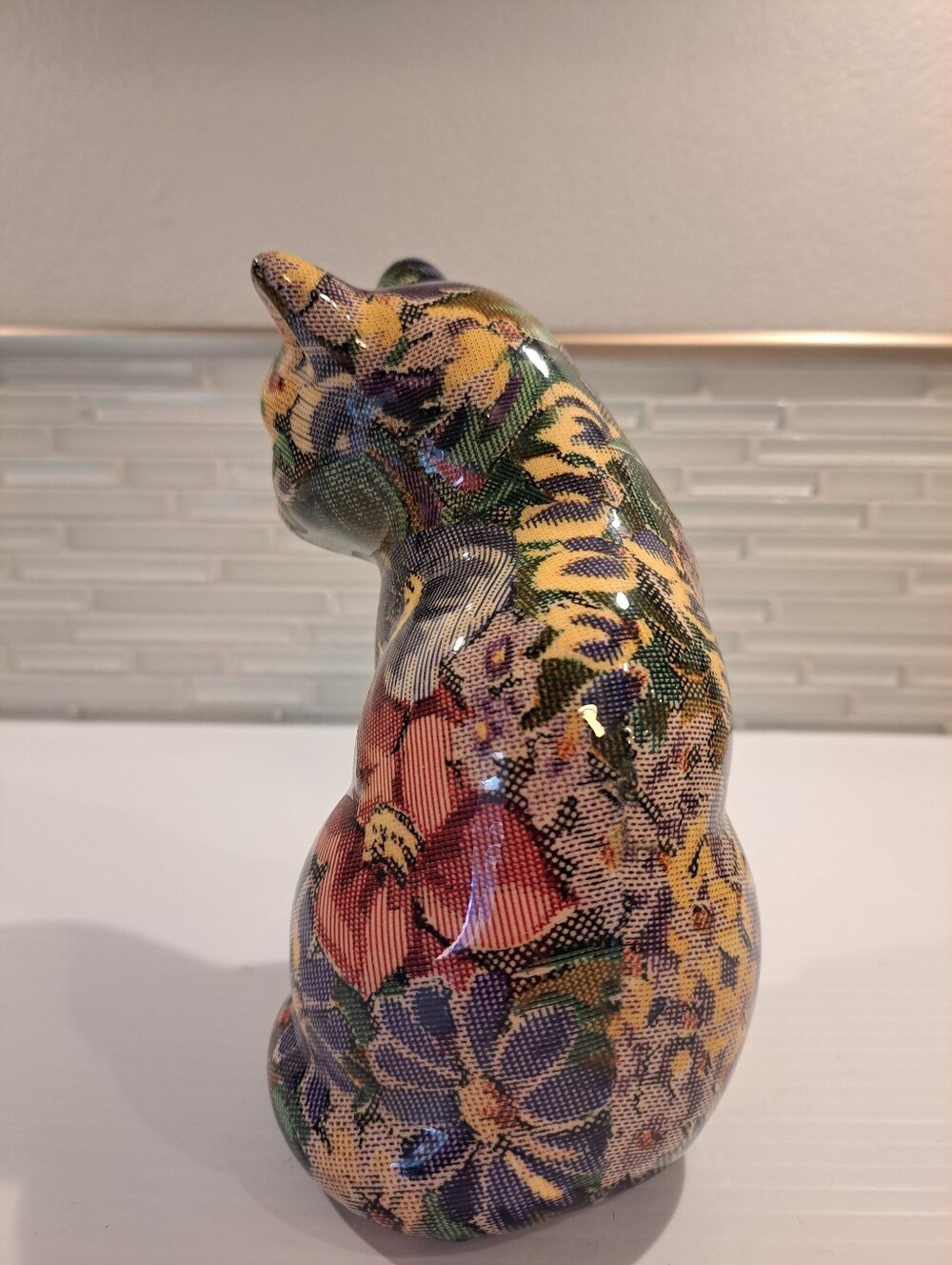 Vtg Decoupage Ceramic Cat Figurine Floral Patchwork Design 6.75" Tall Folk Art - Picture 2 of 7